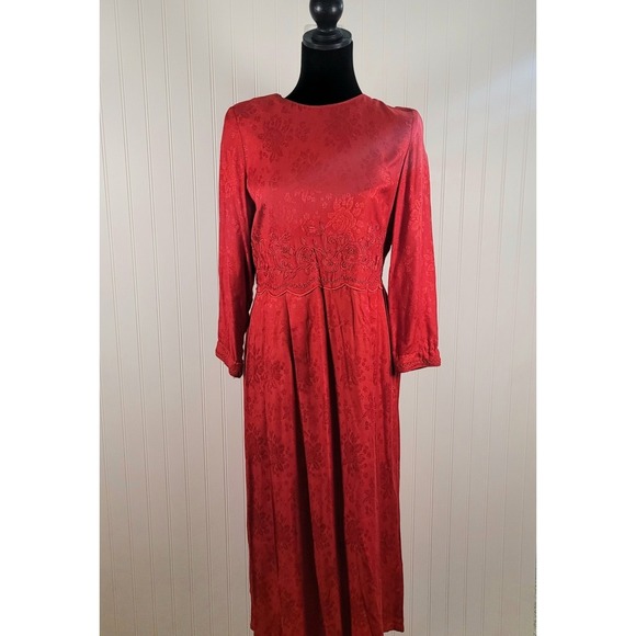 Vintage 80s Sarah Elizabeth Red Jacquard Maxi Dress  Romantic Holiday Party Gown - Picture 1 of 12